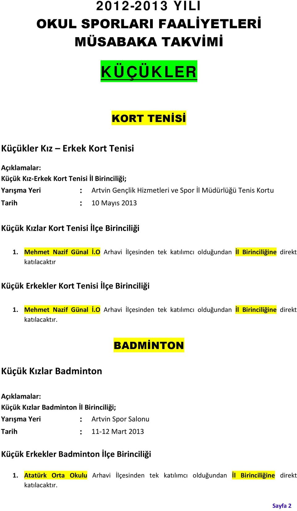 O Arhavi İlçesinden tek katılımcı olduğundan İl Birinciliğine direkt katılacaktır Küçük Erkekler Kort Tenisi İlçe Birinciliği 1. Mehmet Nazif Günal İ.