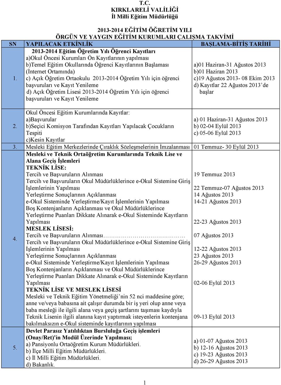 2013-2014 Eğitim Öğretim Yılı Öğrenci Kayıtları a)okul Öncesi Kurumları Ön Kayıtlarının yapılması b)temel Eğitim Okullarında Öğrenci Kayıtlarının Başlaması (İnternet Ortamında) c) Açık Öğretim