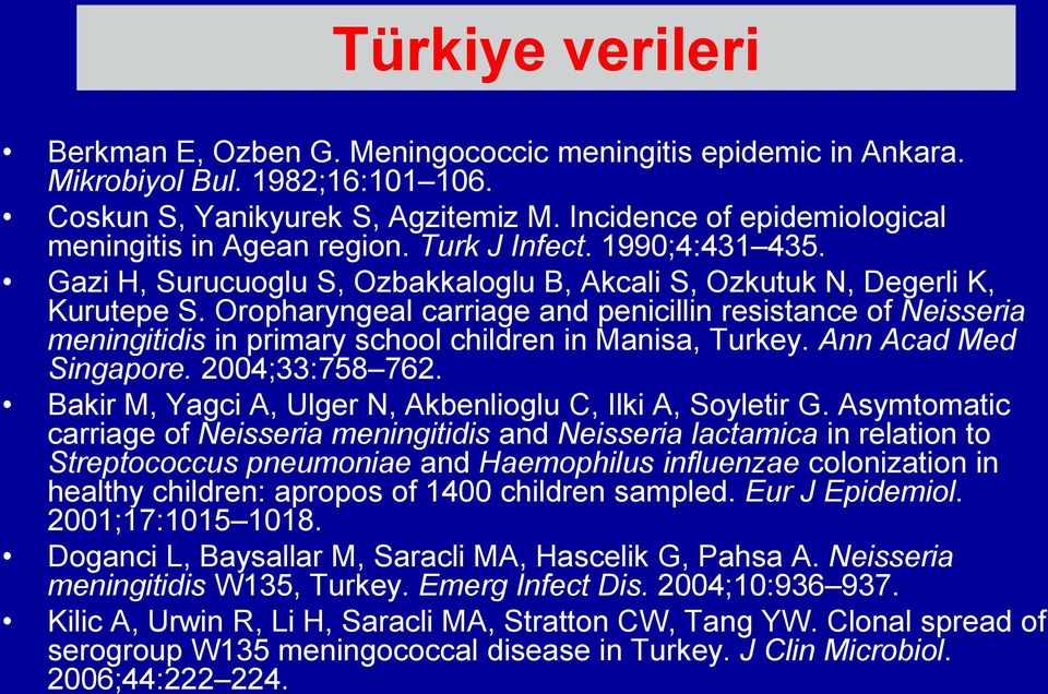Oropharyngeal carriage and penicillin resistance of Neisseria meningitidis in primary school children in Manisa, Turkey. Ann Acad Med Singapore. 2004;33:758 762.