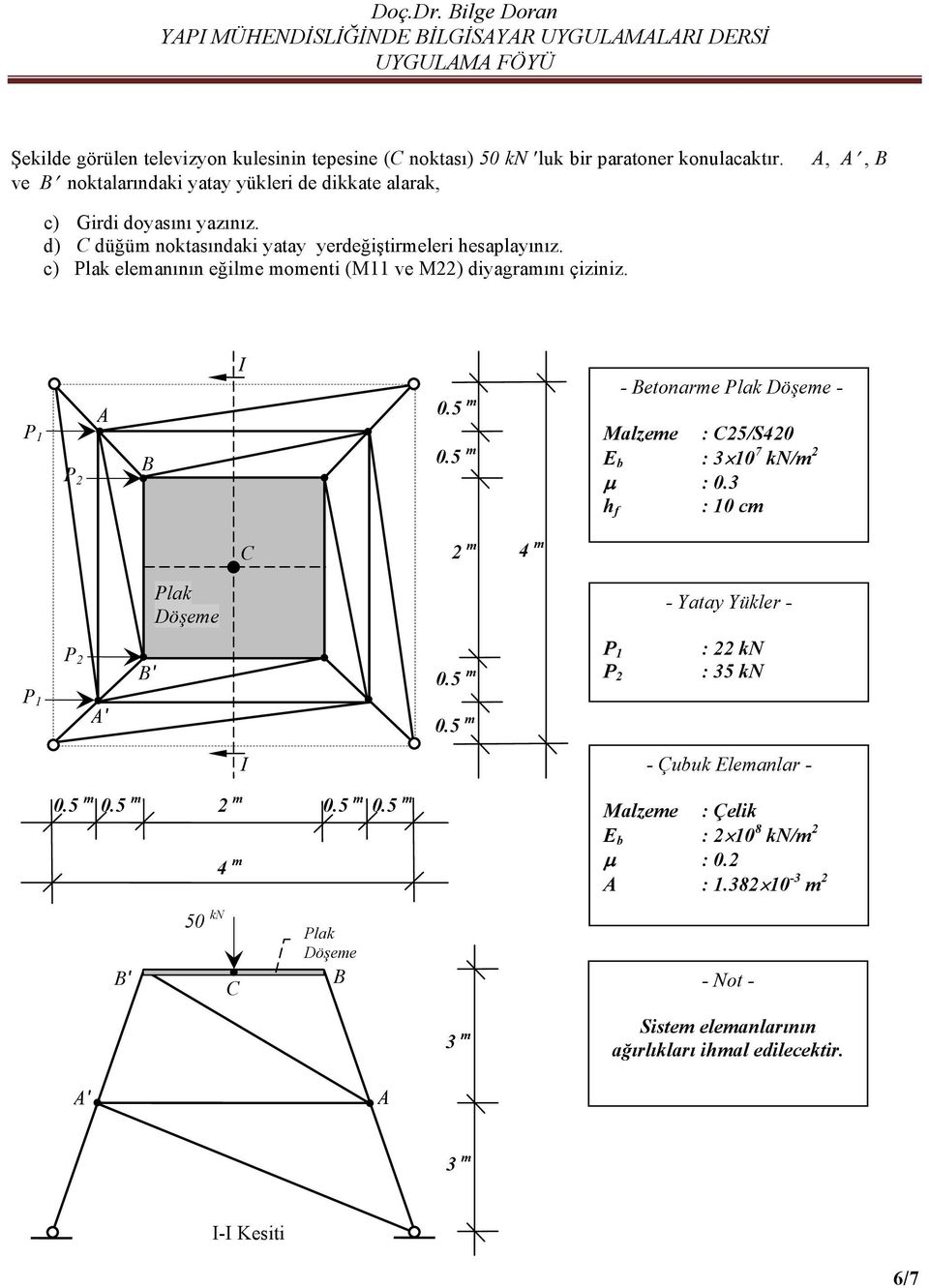 c) Plak elemanının eğilme momenti (M11 ve M22) diyagramını çiziniz. P 1 P 2 - etonarme Plak Döşeme - Malzeme : C/S420 E b : 3 10 7 kn/m 2 : 0.