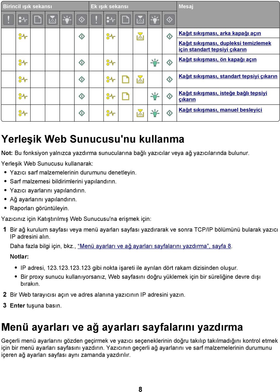 yazıcılar veya ağ yazıcılarında bulunur. Yerleşik Web Sunucusu kullanarak: Yazıcı sarf malzemelerinin durumunu denetleyin. Sarf malzemesi bildirimlerini yapılandırın. Yazıcı ayarlarını yapılandırın.