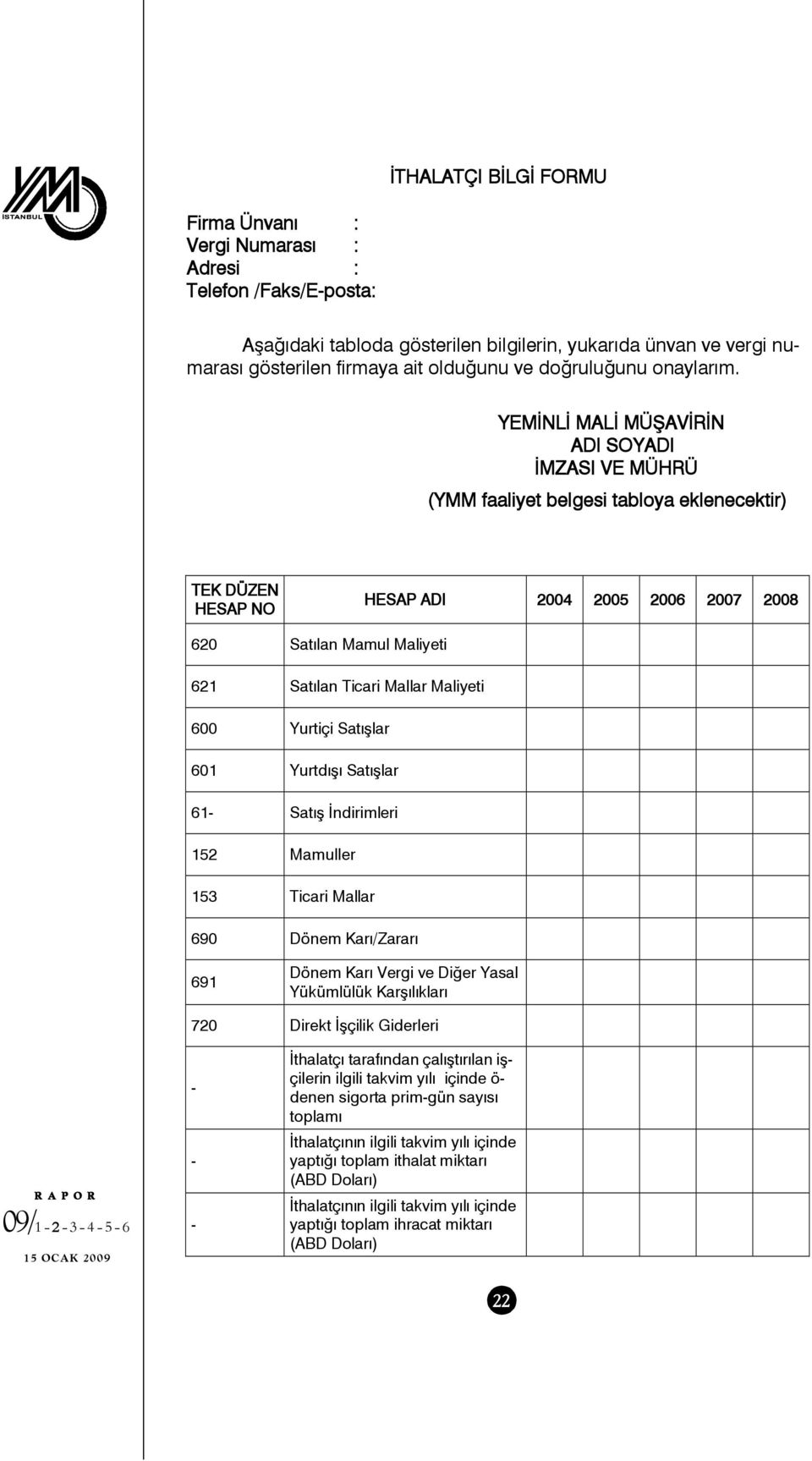 YEMİNLİ MALİ MÜŞAVİRİN ADI SOYADI İMZASI VE MÜHRÜ (YMM faaliyet belgesi tabloya eklenecektir) TEK DÜZEN HESAP NO HESAP ADI 2004 2005 2006 2007 2008 620 Satılan Mamul Maliyeti 621 Satılan Ticari