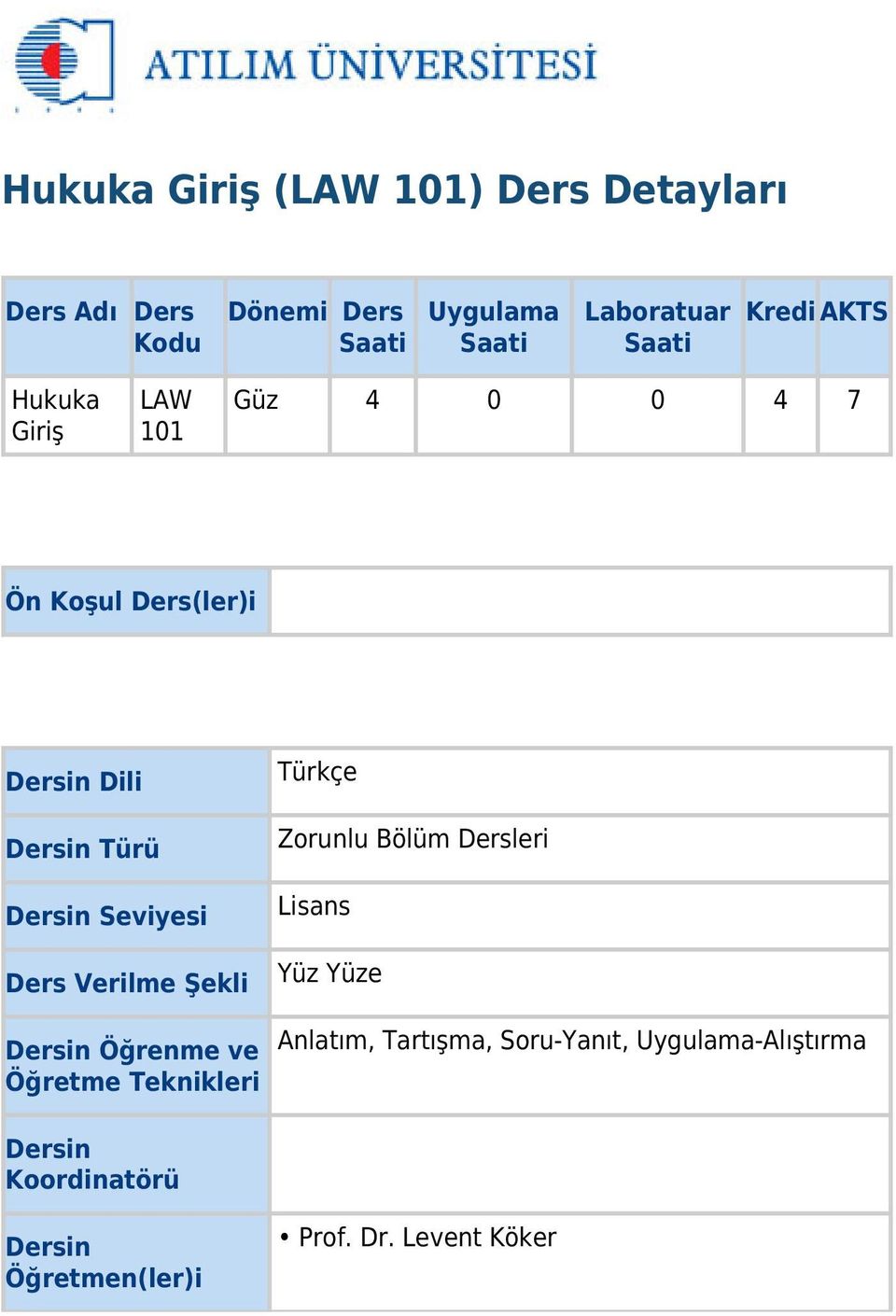 Ders Verilme Şekli Dersin Öğrenme ve Öğretme Teknikleri Türkçe Zorunlu Bölüm Dersleri Lisans Yüz Yüze