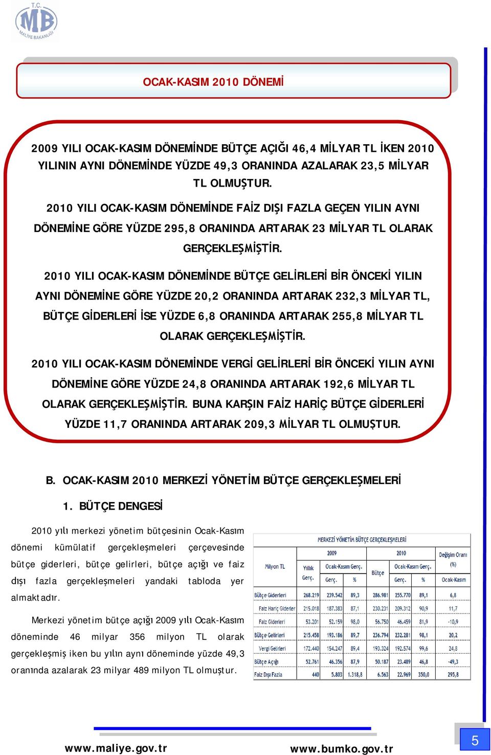 2010 YILI OCAK-KASIM DÖNEM NDE BÜTÇE GEL RLER B R ÖNCEK YILIN AYNI DÖNEM NE GÖRE YÜZDE 20,2 ORANINDA ARTARAK 232,3 M LYAR TL, BÜTÇE G DERLER SE YÜZDE 6,8 ORANINDA ARTARAK 255,8 M LYAR TL OLARAK