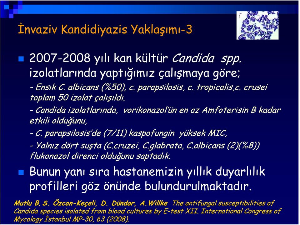 parapsilosis de (7/11) kaspofungin yüksek MIC, -Yalnız dört suşta (C.cruzei, C.glabrata, C.albicans (2)(%8)) flukonazol direnci olduğunu saptadık.