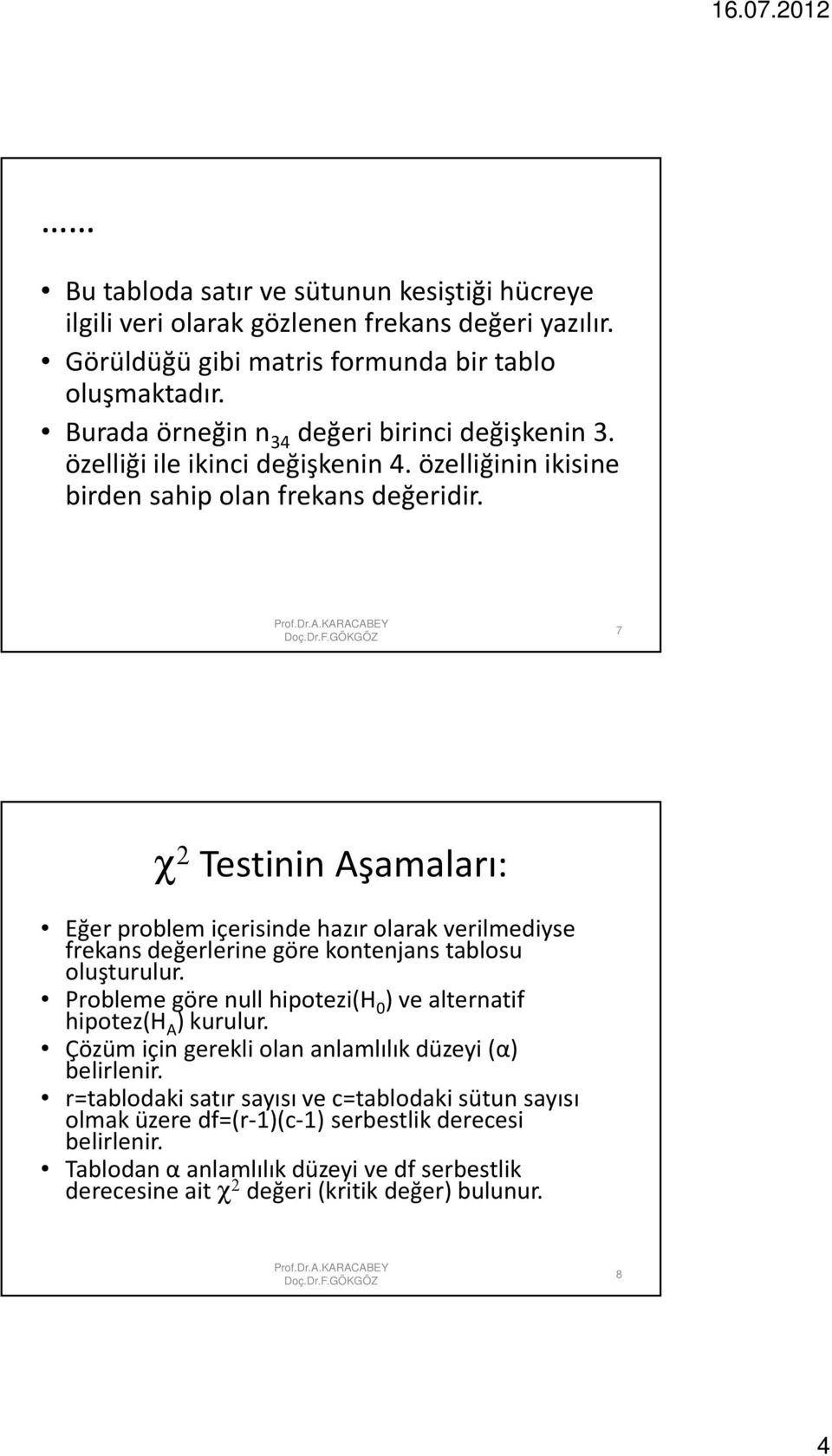 7 χ 2 Testinin Aşamaları: Eğer problem içerisinde hazır olarak verilmediyse frekans değerlerine göre kontenjans tablosu oluşturulur.