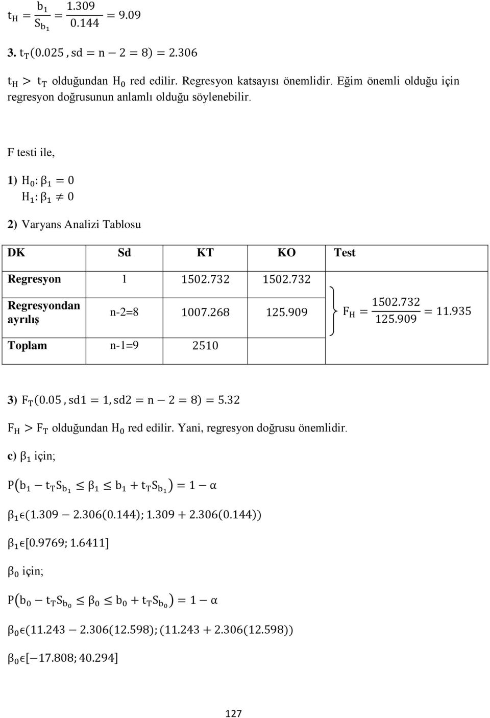F testi ile 1) 2) Varyans Analizi Tablosu DK Sd KT KO Test Regresyon 1