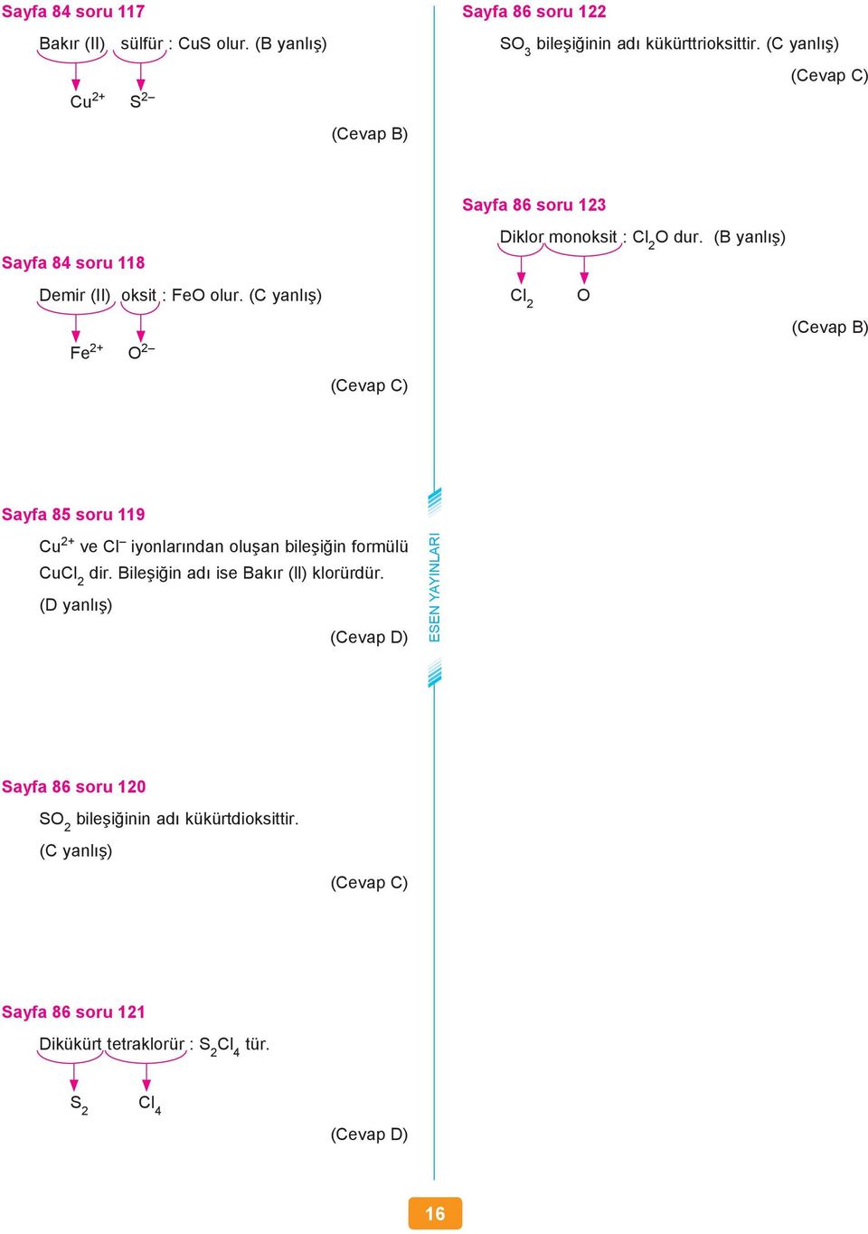 (C yanlış) Sayfa 86 soru 3 Sayfa 8 soru 8 Demir (II) oksit : FeO olur. (C yanlış) Diklor monoksit : Cl O dur.