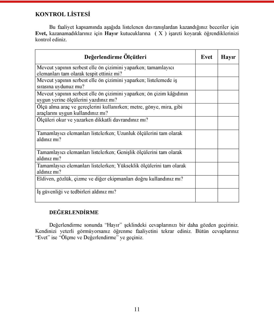 Mevcut yapının serbest elle ön çizimini yaparken; listelemede iş sırasına uydunuz mu? Mevcut yapının serbest elle ön çizimini yaparken; ön çizim kâğıdının uygun yerine ölçülerini yazdınız mı?