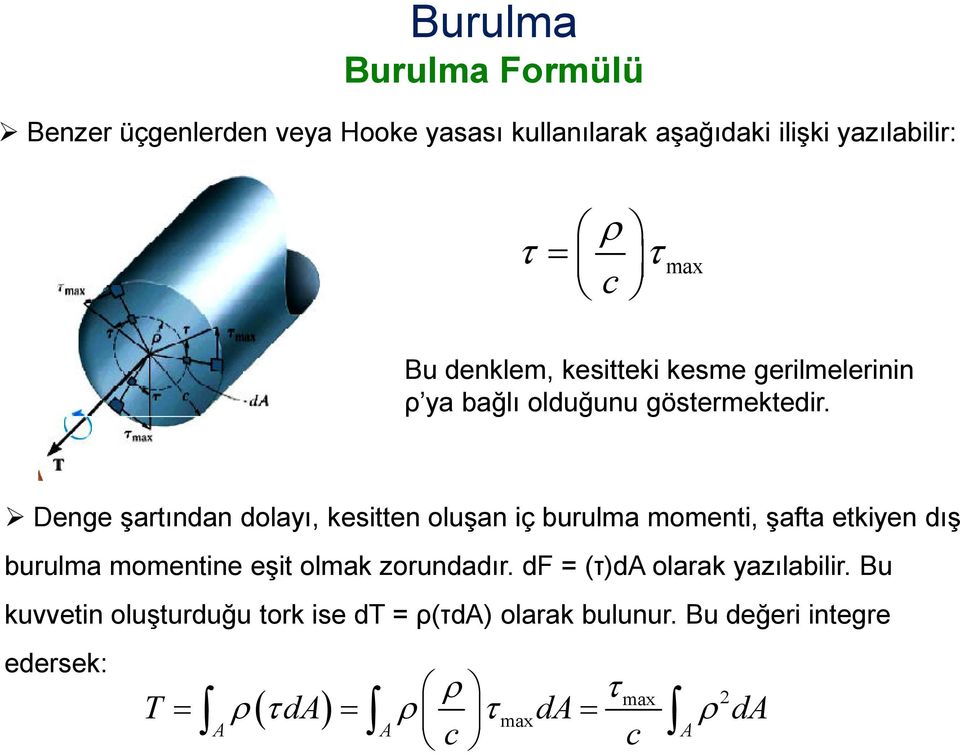 Denge şartından dolayı, kesitten oluşan iç burulma momenti, şafta etkiyen dış burulma momentine eşit olmak zorundadır.