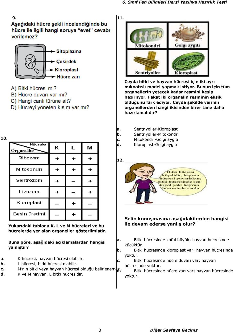 Sentriyoller-Mitokondri c. Mitokondri-Golgi aygıtı d. Kloroplast-Golgi aygıtı 12. Yukarıdaki tabloda K, L ve M hücreleri ve bu hücrelerde yer alan organeller gösterilmiştir.