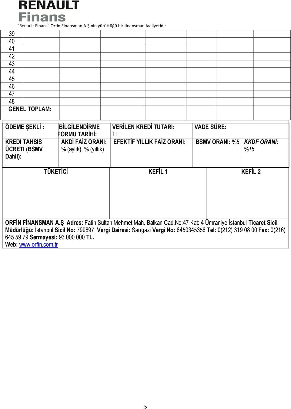 EFEKTİF YILLIK FAİZ ORANI: VADE SÜRE: BSMV ORANI: %5. KKDF ORANI: %15 TÜKETİCİ KEFİL 1 KEFİL 2 ORFİN FİNANSMAN A.