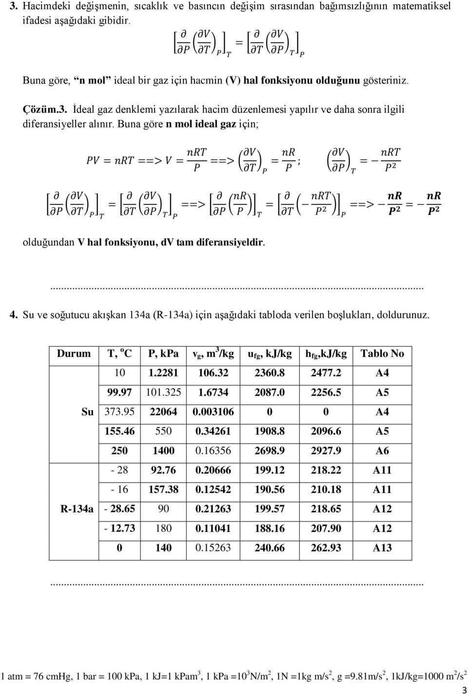Buna göre n mol ideal gaz için; olduğundan V hal fonksiyonu, dv tam diferansiyeldir. 4. Su ve soğutucu akışkan 134a (R-134a) için aşağıdaki tabloda verilen boşlukları, doldurunuz.