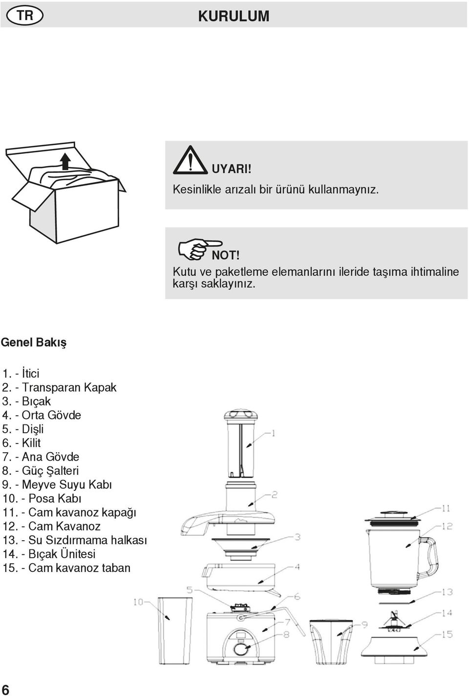 - Transparan Kapak 3. - Bıçak 4. - Orta Gövde 5. - Dişli 6. - Kilit 7. - Ana Gövde 8. - Güç Şalteri 9.