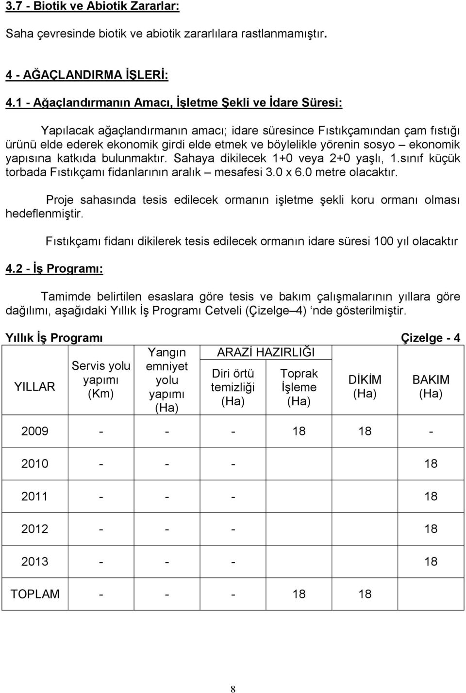 sosyo ekonomik yapısına katkıda bulunmaktır. Sahaya dikilecek 1+0 veya 2+0 yaşlı, 1.sınıf küçük torbada Fıstıkçamı fidanlarının aralık mesafesi 3.0 x 6.0 metre olacaktır.