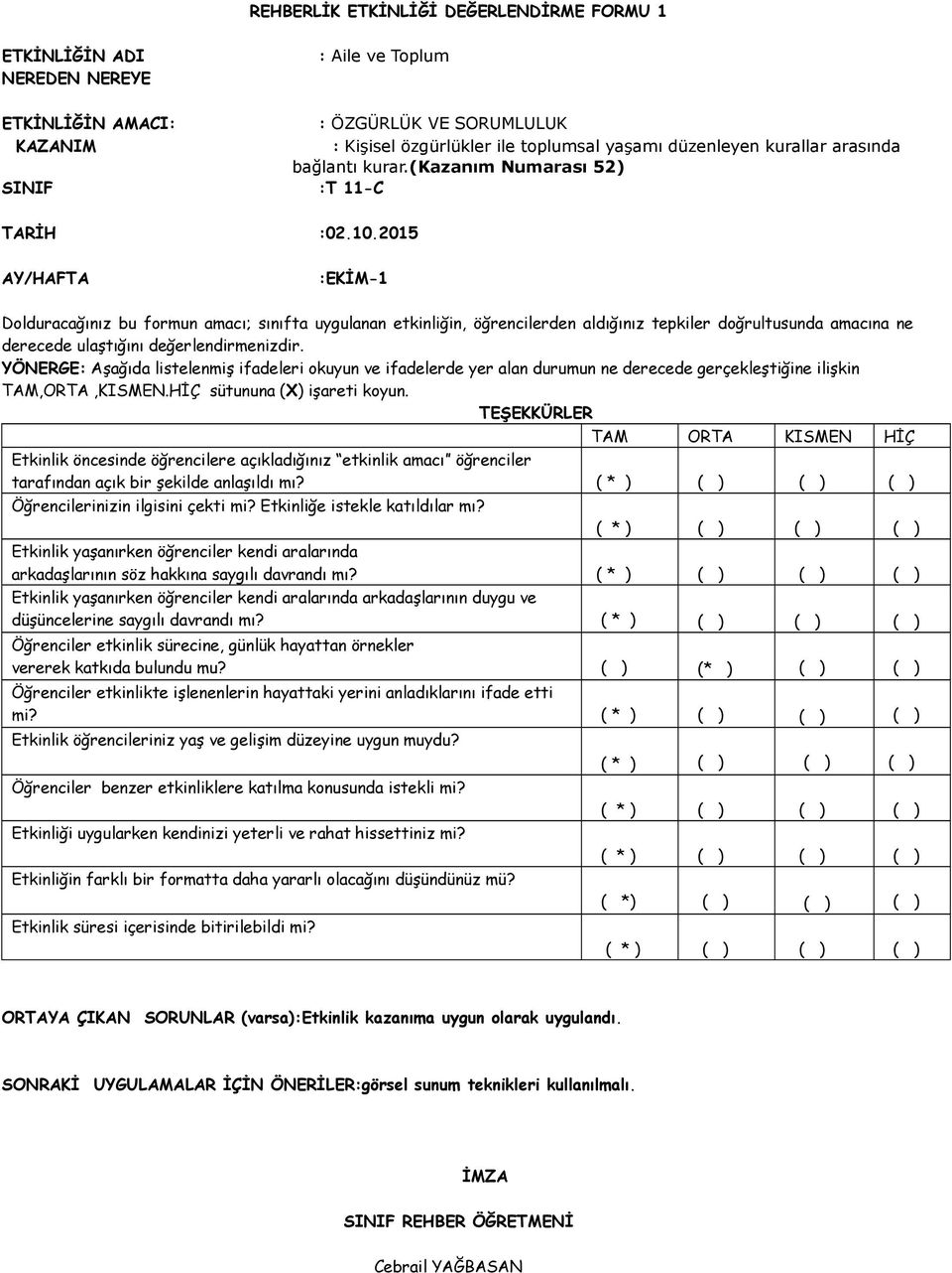 2015 :EKİM-1 TAM ORTA KISMEN HİÇ tarafından açık bir şekilde anlaşıldı mı? arkadaşlarının söz hakkına saygılı davrandı mı?