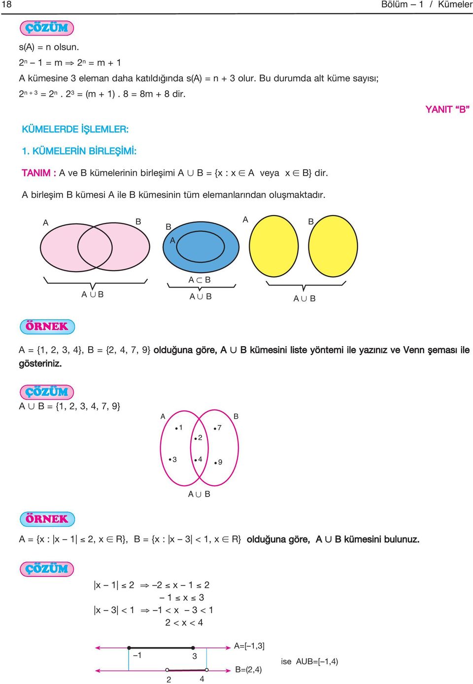 A birleşim B kümesi A ile B kümesinin tüm elemanlarından oluşmaktadır.