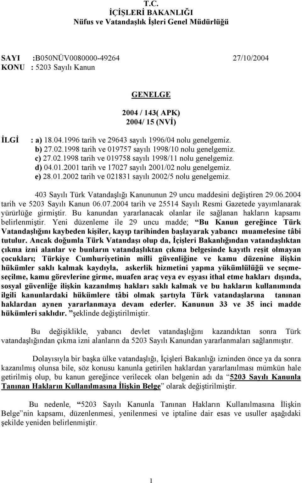 403 Sayılı Türk Vatandaşlığı Kanununun 29 uncu maddesini değiştiren 29.06.2004 tarih ve 5203 Sayılı Kanun 06.07.2004 tarih ve 25514 Sayılı Resmi Gazetede yayımlanarak yürürlüğe girmiştir.