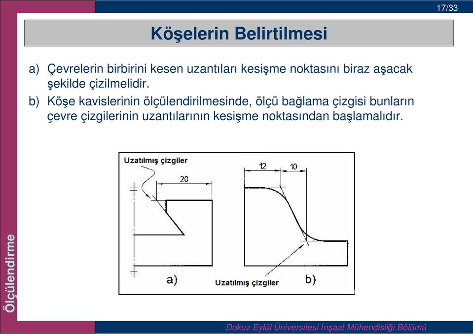 b) Köşe kavislerinin ölçülendirilmesinde, ölçü bağlama çizgisi