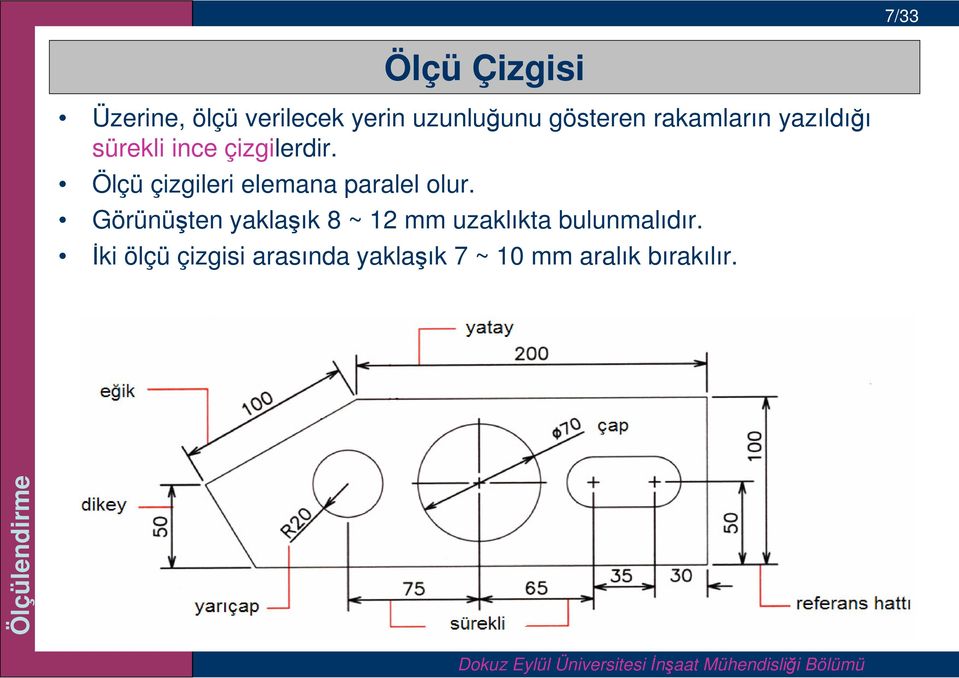 Ölçü çizgileri elemana paralel olur.