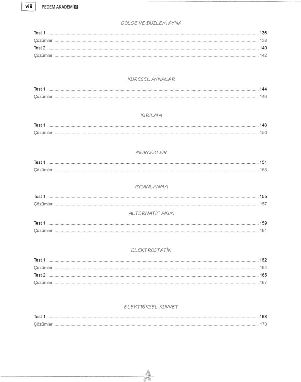 .. 150 MERCEKLER Test 1... 151 Çözümler... 153 AYDINLANMA Test 1... 155 Çözümler.