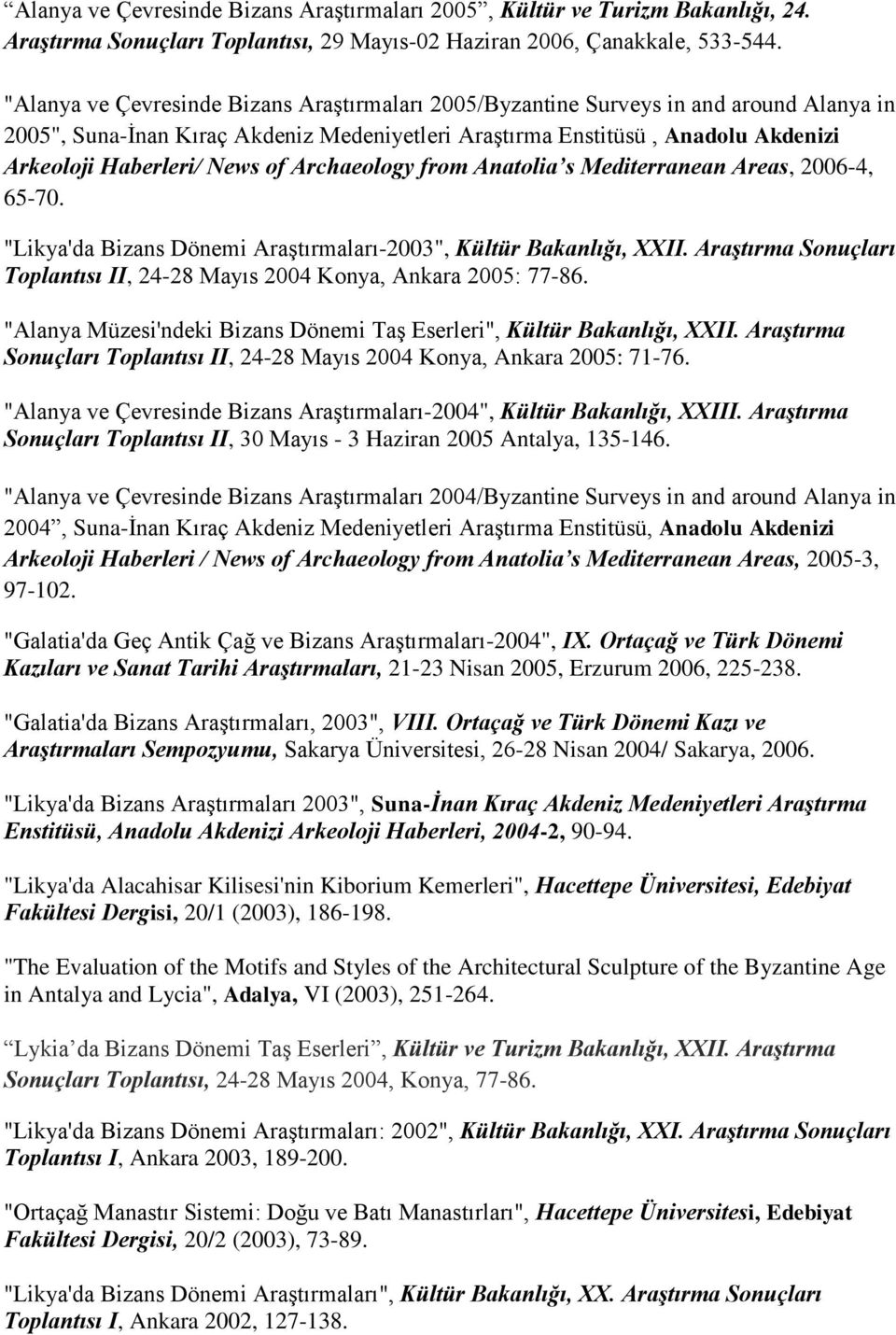 of Archaeology from Anatolia s Mediterranean Areas, 2006-4, 65-70. "Likya'da Bizans Dönemi Araştırmaları-2003", Kültür Bakanlığı, XXII.
