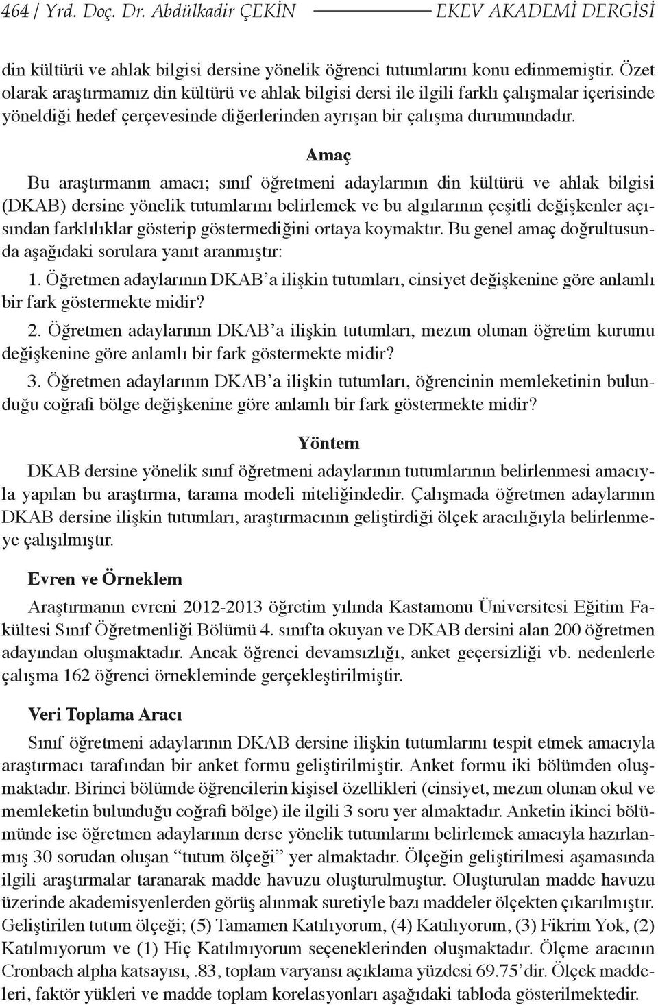 Amaç Bu araştırmanın amacı; sınıf öğretmeni adaylarının din kültürü ve ahlak bilgisi (DKAB) dersine yönelik tutumlarını belirlemek ve bu algılarının çeşitli değişkenler açısından farklılıklar