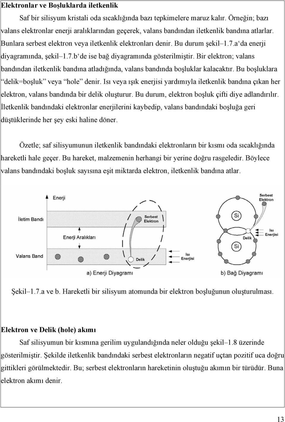 a da enerji diyagramında, şekil 1.7.b de ise bağ diyagramında gösterilmiştir. Bir elektron; valans bandından iletkenlik bandına atladığında, valans bandında boşluklar kalacaktır.