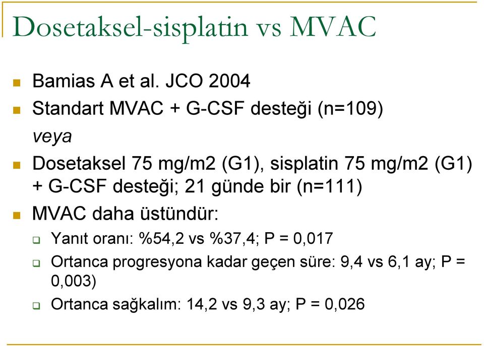 75 mg/m2 (G1) + G-CSF desteği; 21 günde bir (n=111) MVAC daha üstündür: Yanıt oranı: