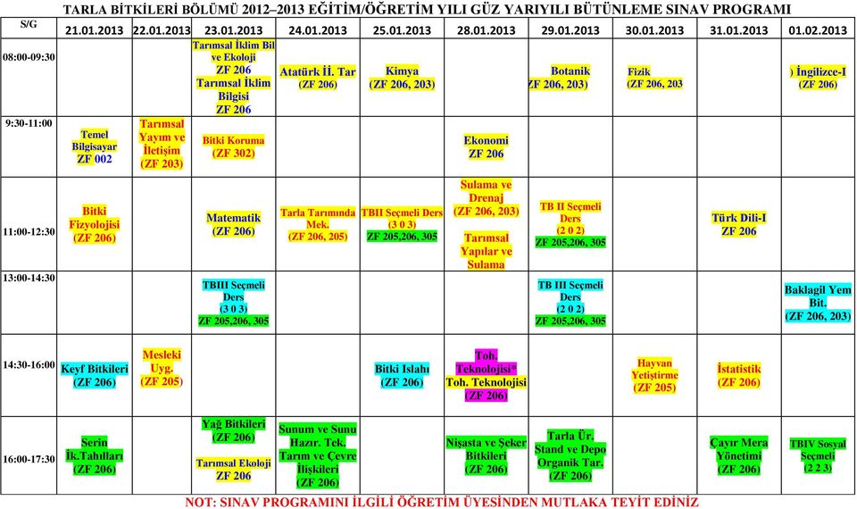 Mek. (, 205) TBII Ekonomi Sulama ve Drenaj (, 203) Tarımsal Yapılar ve Sulama TB II TB III Baklagil Yem Bit. (, 203) 14:30-16:00 Keyf Bitkileri Mesleki Uyg. Bitki Islahı Toh.