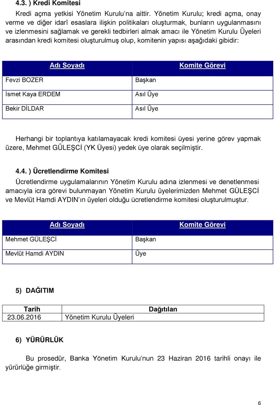 leri arasından kredi komitesi oluşturulmuş olup, komitenin yapısı aşağıdaki gibidir: İsmet Kaya ERDEM Bekir DİLDAR Asıl Asıl Herhangi bir toplantıya katılamayacak kredi komitesi üyesi yerine görev