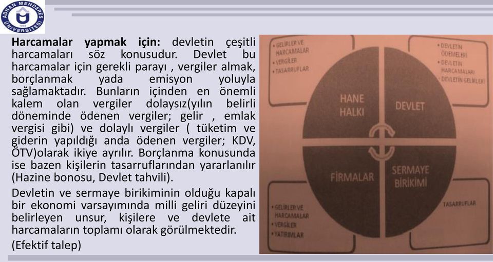 anda ödenen vergiler; KDV, ÖTV)olarak ikiye ayrılır. Borçlanma konusunda ise bazen kişilerin tasarruflarından yararlanılır (Hazine bonosu, Devlet tahvili).