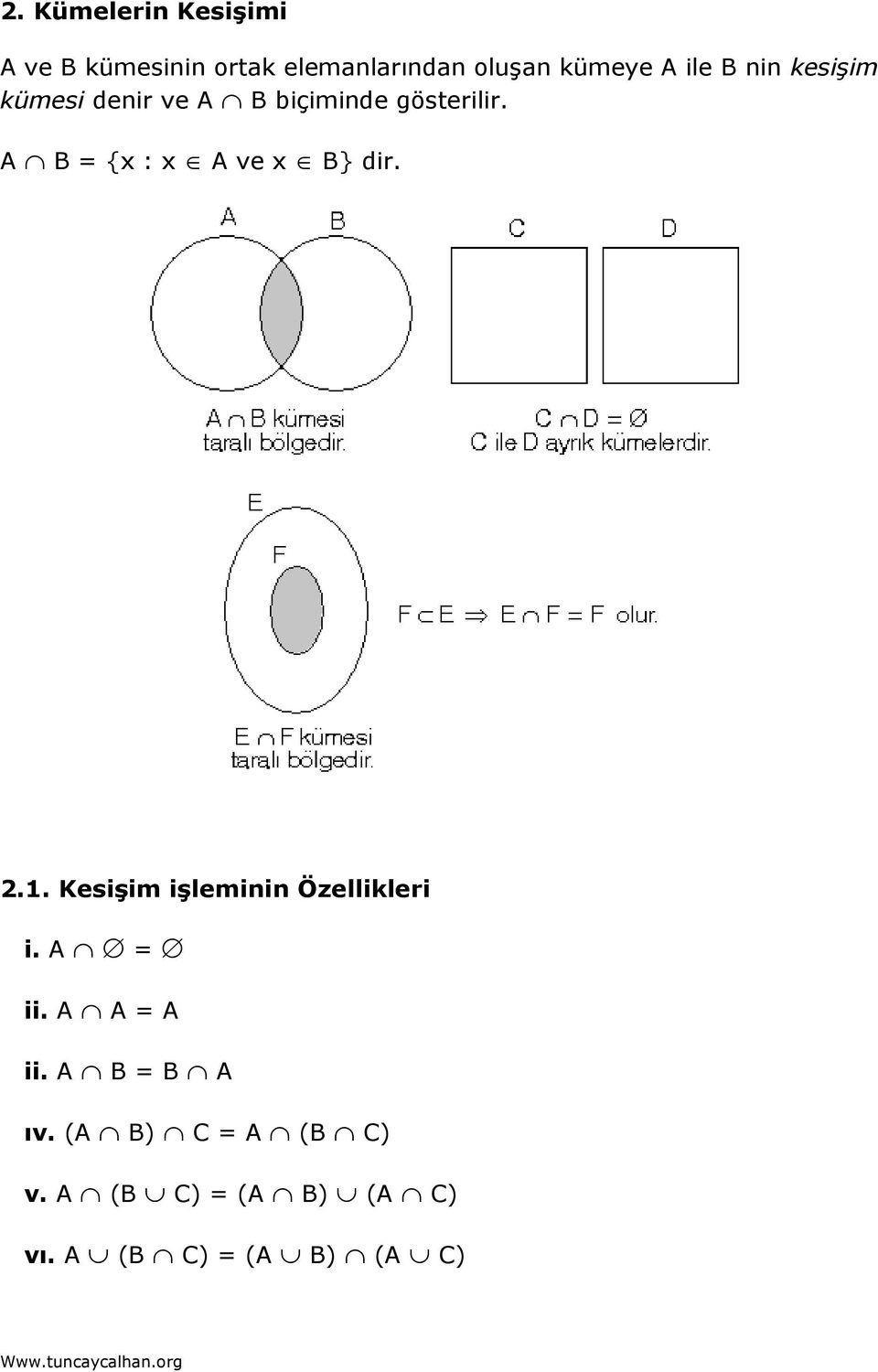 A B = {x : x A ve x B} dir. 2.1. Kesişim işleminin Özellikleri i. A = ii.