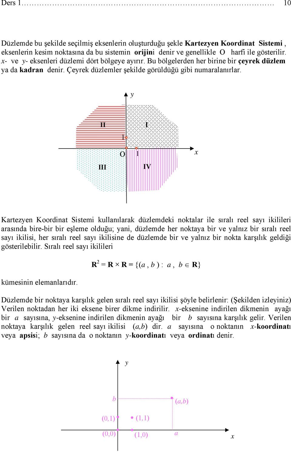 y II III O I IV Krtezyen Koordint Sistemi kullnılrk düzlemdeki noktlr ile sırlı reel syı ikilileri rsınd bire-bir bir eşleme olduğu; yni, düzlemde her nokty bir ve ylnız bir sırlı reel syı ikilisi,