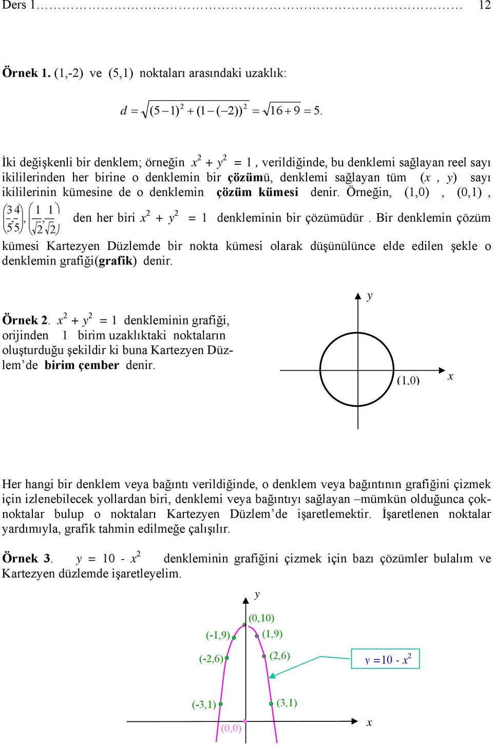 çözüm kümesi denir. Örneğin, (,0), (0,),,,, den her biri y = denkleminin bir çözümüdür.