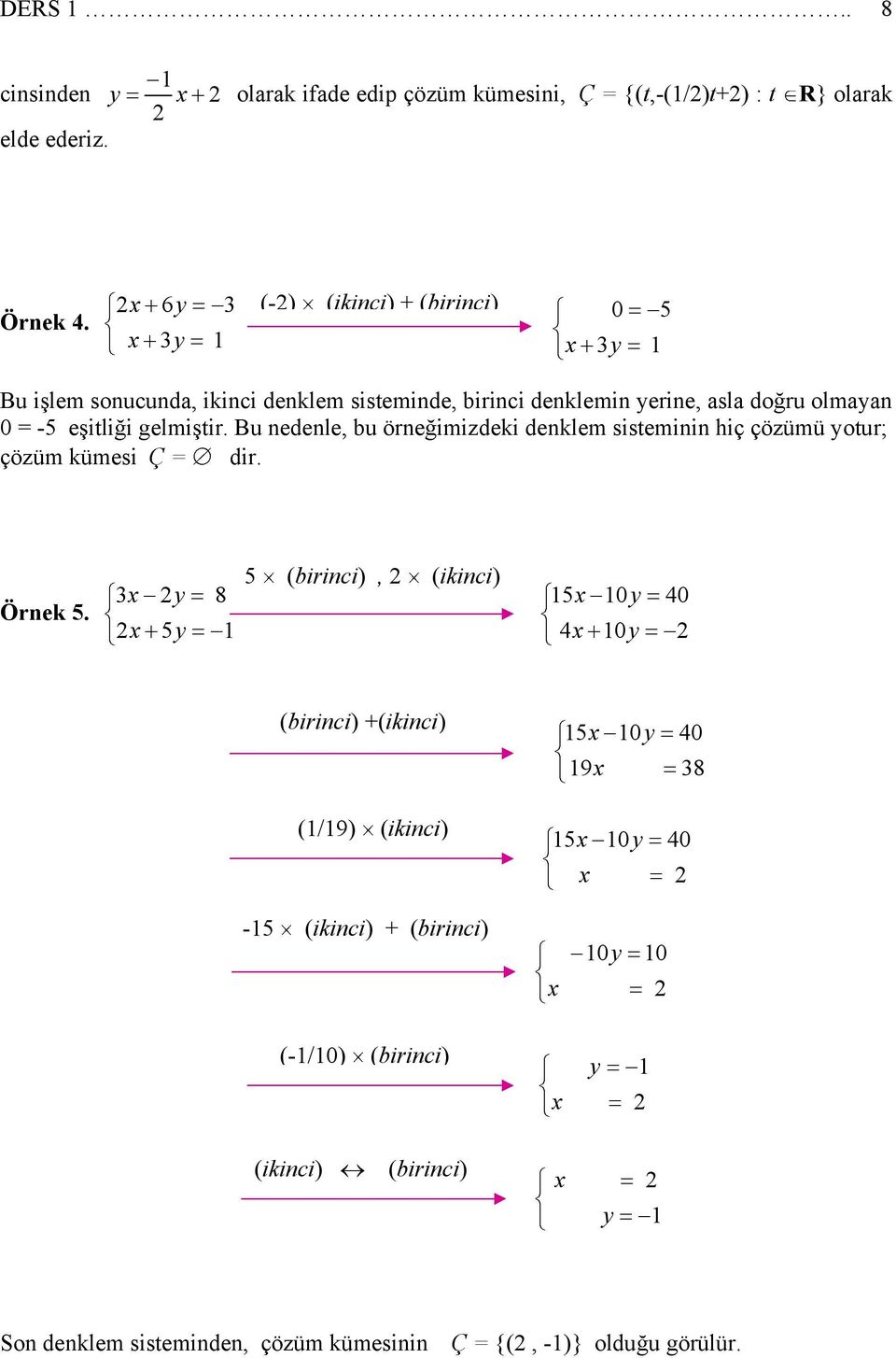 i gelmi tir. Bu nedenle, bu örne imizdeki denklem sisteminin hiç çözümü otur; çözüm kümesi Ç = dir. Örnek 5.