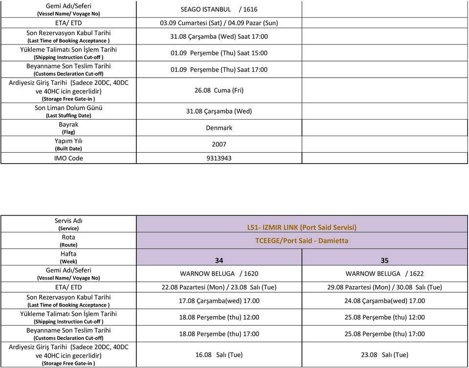 08 Çarşamba (Wed) 2007 IMO Code 9313943 L51- IZMIR LINK (Port Said Servisi) TCEEGE/Port Said - Damietta WARNOW BELUGA / 1620 WARNOW BELUGA / 1622 22.