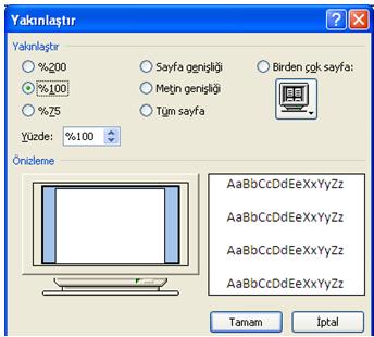 3: YakınlaĢtırma (A)YakınlaĢtır: Belgenin yakınlaģtırma düzeyini seçmek için kullanılan ġekil 1.4 te görünen yakınlaģtır iletiģim penceresini açmayı sağlar.