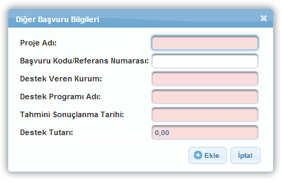 Diğer Başvuru Bilgileri Penceresi Diğer Başvuru Bilgileri Penceresi nde aşağıdaki alanlar yer alır; Proje Adı alanında, başvuru sahibinin sonuçlanmamış proje başvurusuna ait proje adı belirtilir