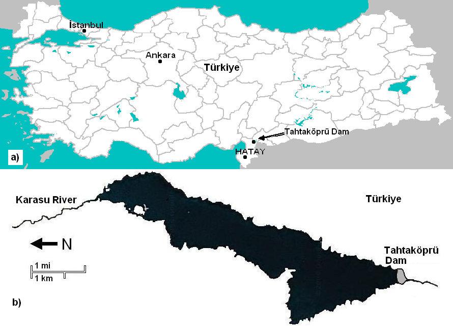 Buharlaşma Miktarı(1 3 m 3 ) Şekil 1. a) Tahtaköprü barajının Türkiyedeki konumu b)barajın sınırları (Figure 1.