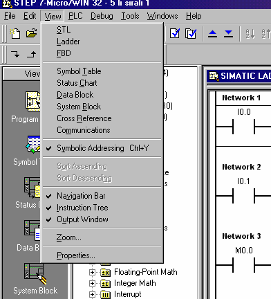 3.4 - View menüsü : Şekil 3.6: Bu menü tıklandığında yukarıdaki pencere ekrana gelir. Bu menüde : STL : PLC cihazına yüklenecek olan proje programlama mantığı olarak üç ayrı şekilde hazırlanabilir.