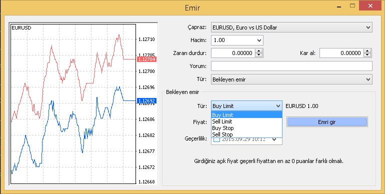 Altın= 100 ons Petrol= 1000 varil Gümüş= 5000 ons Bekleyen Emir alt kısmında emir türlerini göreceksiniz. MetaTrader da 4 farklı emir türü bulunmaktadır.