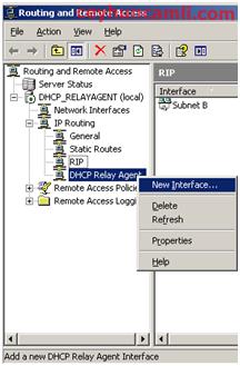 DHCP Relay Agent üzerinde sağ tıklayıp properties diyerek açılan pencerede DHCP Server ın IP adresini yazıyoruz, sonrasında DHCP Relay Agent üzerinde sağ tıklayıp New Interface diyoruz.