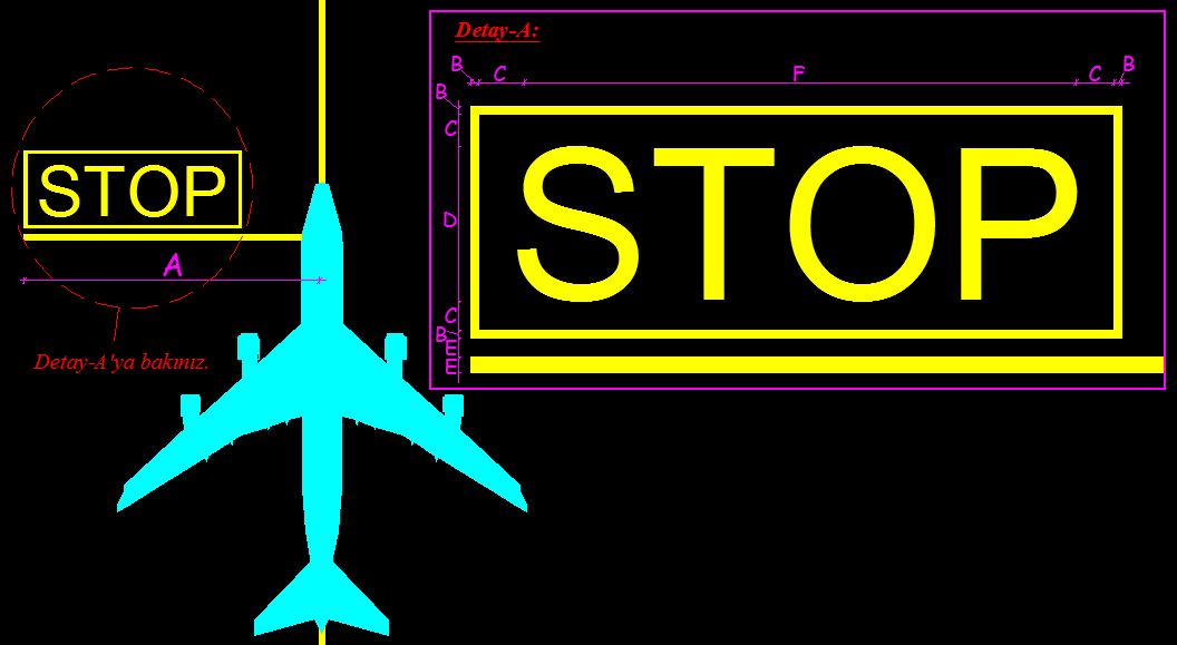 2.11.2. Tekli uçak durma işaretlemeleri, işaretlemenin enlemesine çizgisi kokpit durma pozisyonunu gösterecek ve Şekil15'te yer alan örnek gösterimde belirtilen mesafeleri sağlayacak şekilde, uçağın