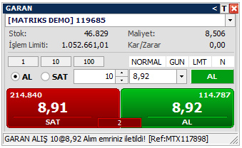 2. EMİR GİRİŞ UYGULAMASI 2.1.Emir giriş paneli ile: Panel üzerindeki alanlardan işlem yönünü seçiniz. Miktar ve fiyat girişi yapınız. Emir parametrelerini değiştirmek için ilgili düğmeye basınız.