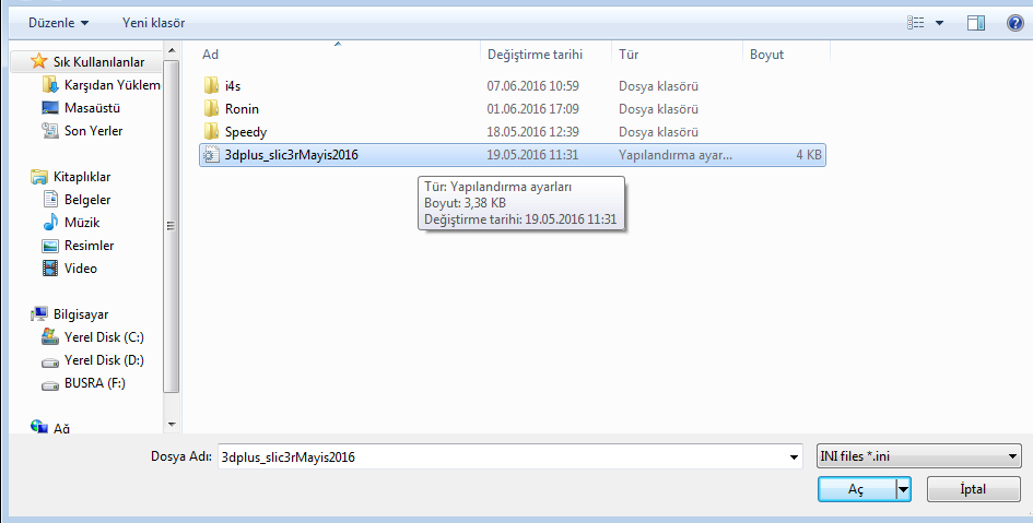 Repetier Host Programına Config Dosyası Yükleme 3D Plus Dökümanları arasında size gönderilen 3dplus_slic3r Mayıs2016 Config dosyasını bilgisayarınıza