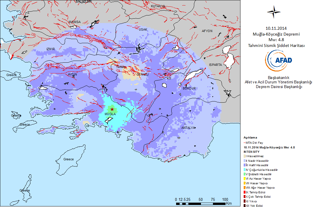 Şekil 2.3 10 Kasım 2014 tarihinde meydana gelen Muğla-Köyceğiz Depremi ni (Mw: 4.