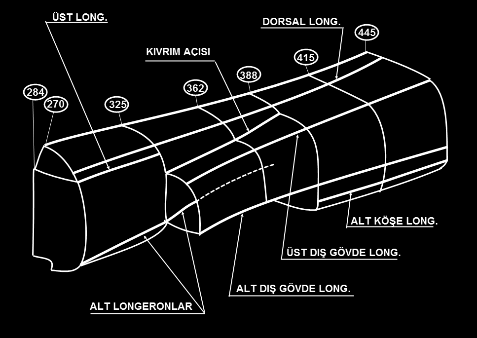 Şekil 3'de T-38 uçağı üzerinde longeronlar dış hat çizgileri bulkhead istasyonları üzerinde gösterilmiştir.