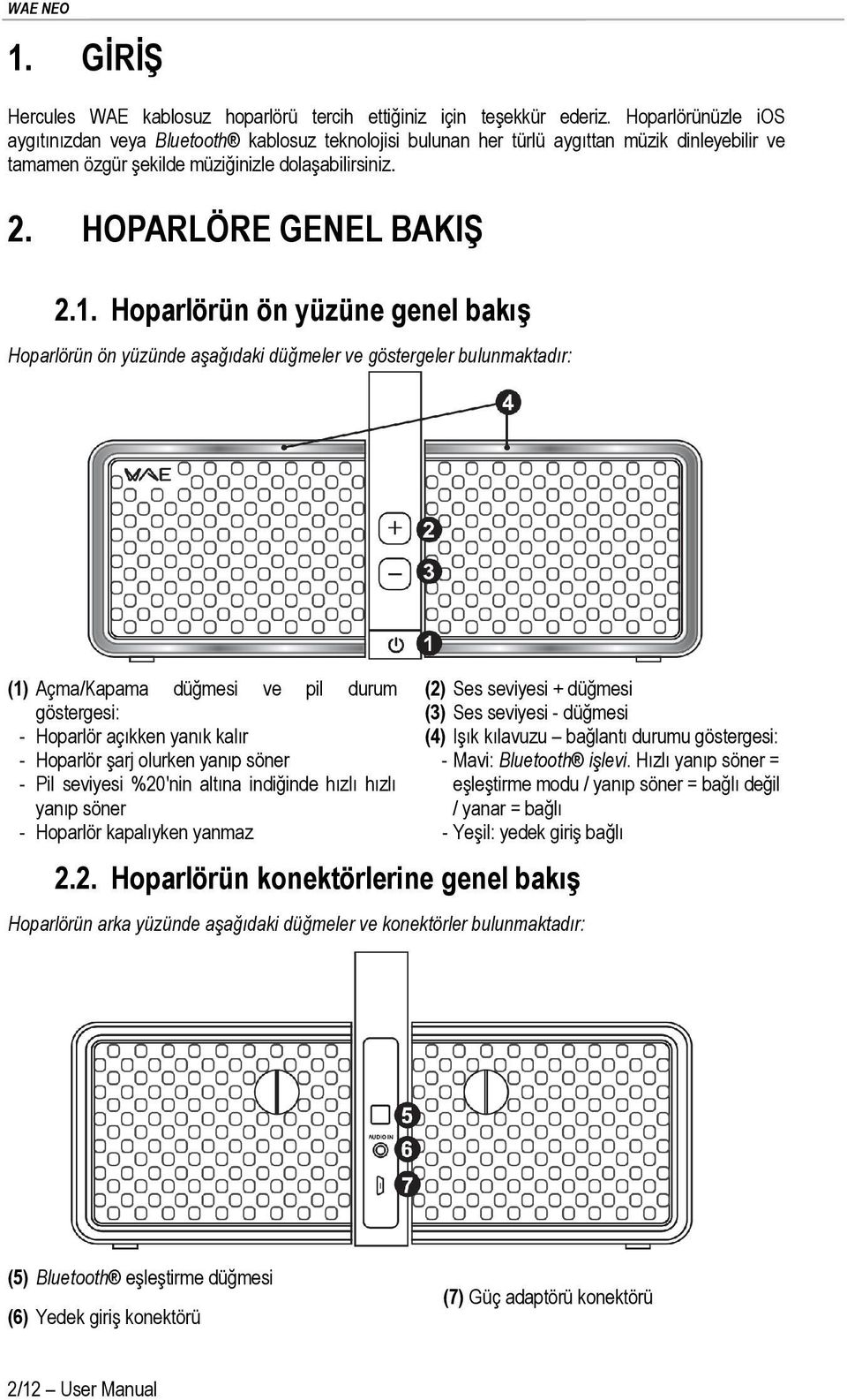 Hoparlörün ön yüzüne genel bakış Hoparlörün ön yüzünde aşağıdaki düğmeler ve göstergeler bulunmaktadır: (1) Açma/Kapama düğmesi ve pil durum göstergesi: - Hoparlör açıkken yanık kalır - Hoparlör şarj