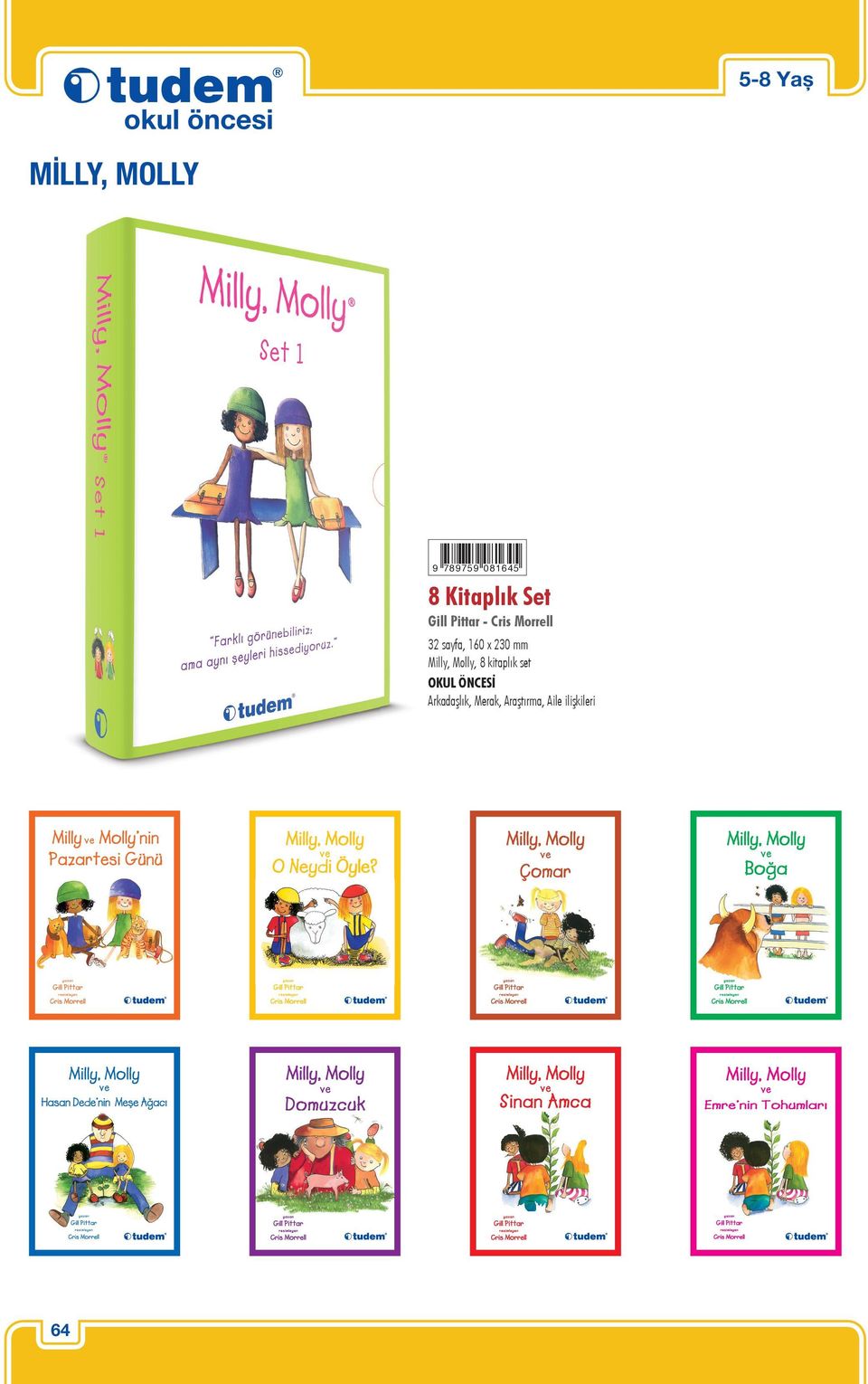 230 mm Milly, Molly, 8 kitaplık set OKUL ÖNCESİ
